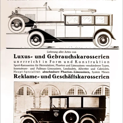 Historische Werbeanzeige der Firma Christian Miesen in Bonn mit Illustrationen und Foto von Karosseriefahrzeugen.