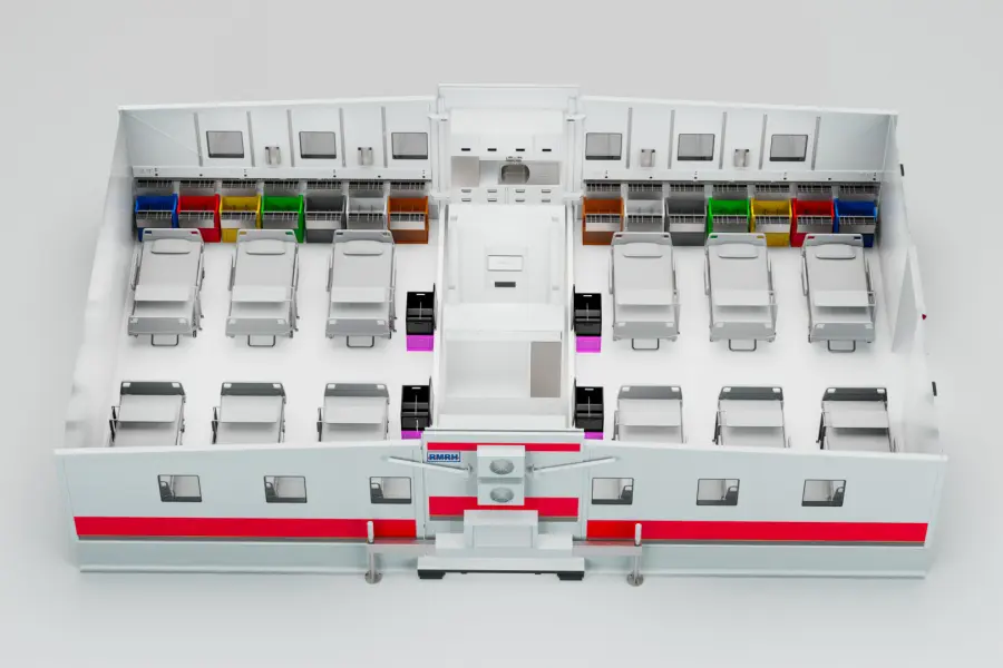 Container eingerichtet für 12 Patienten mit Krankenhausbetten