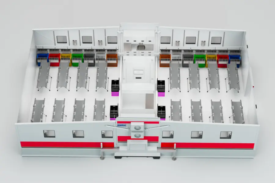 Container eingerichtet für 16 Patienten auf DIN-Tragen