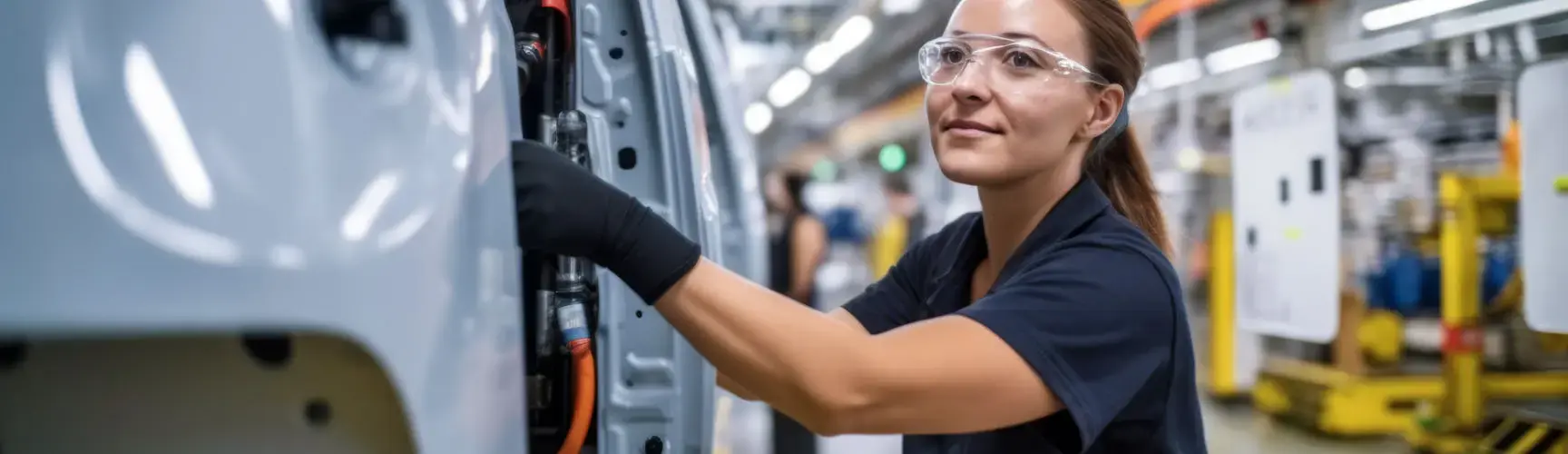Alt-Text: Mitarbeiterin im Fahrzeugbau bei der Montage an einem Rettungswagen, mit Schutzbrille und Handschuhen.