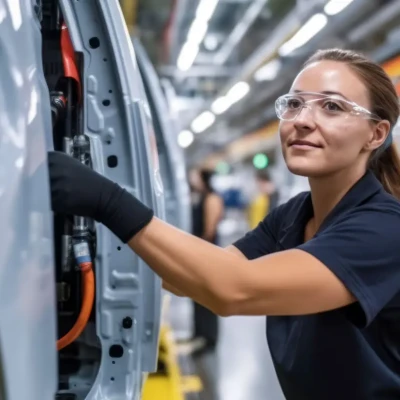 Alt-Text: Mitarbeiterin im Fahrzeugbau bei der Montage an einem Rettungswagen, mit Schutzbrille und Handschuhen.