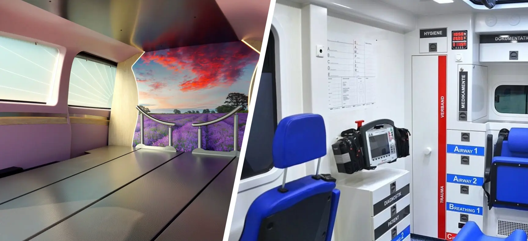 Innenansichten eines Bestattungsfahrzeugs und eines Rettungswagens im Vergleich.